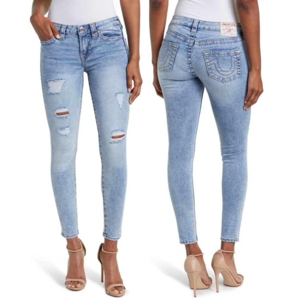 True Religion Jennie Curvy Distressed Super Skinny Jeans Light Wash 28